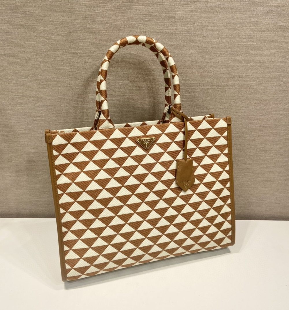 Prada Large Symbole Jacquard Fabric Handbag Brown/White For Women, Women's Bags 15.3in/39cm 1BA356_2FKL_F0I0U_V_OOO