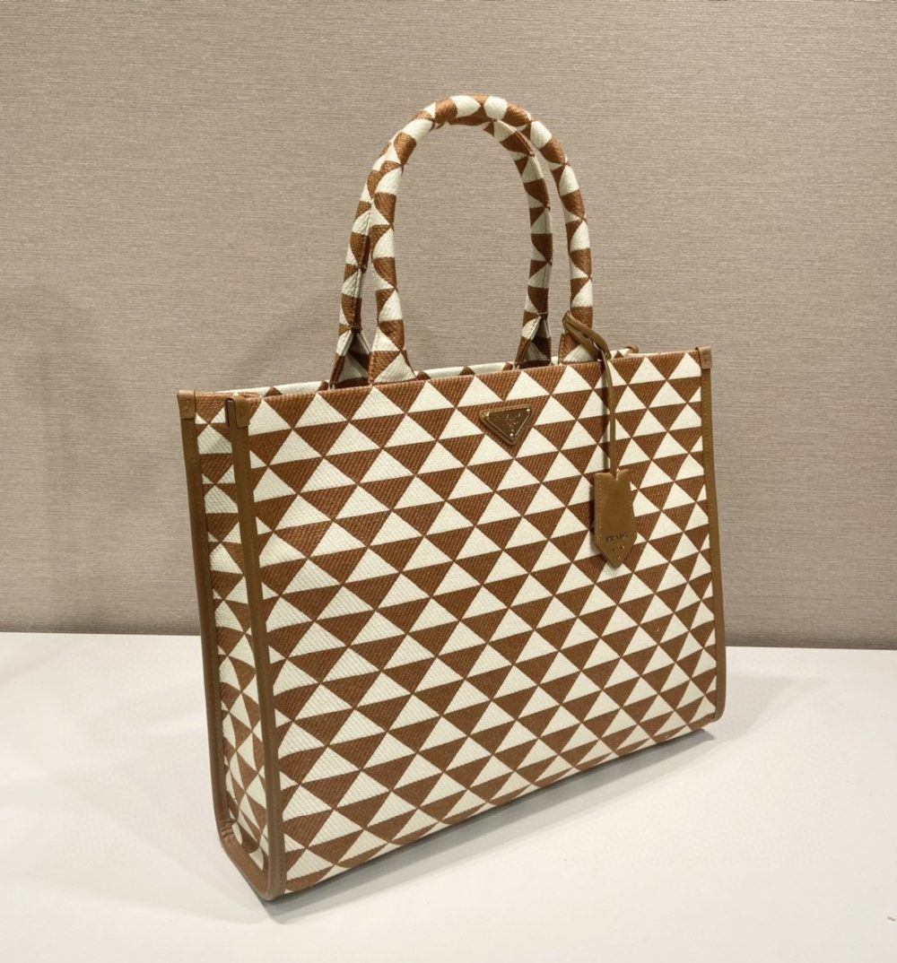 Prada Large Symbole Jacquard Fabric Handbag Brown/White For Women, Women's Bags 15.3in/39cm 1BA356_2FKL_F0I0U_V_OOO