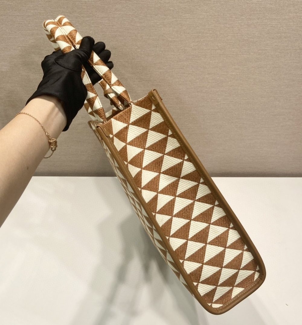 Prada Large Symbole Jacquard Fabric Handbag Brown/White For Women, Women's Bags 15.3in/39cm 1BA356_2FKL_F0I0U_V_OOO