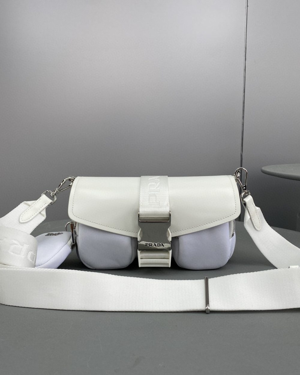 Prada Pocket Nylon And Brushed Bag White For Women, Women's Bags 9in/23cm 1BD295_789_F0009_V_BFO