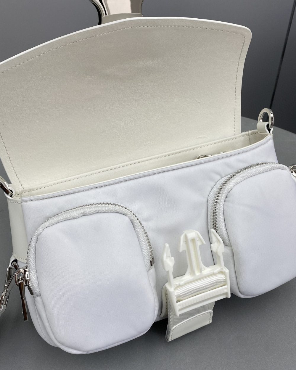 Prada Pocket Nylon And Brushed Bag White For Women, Women's Bags 9in/23cm 1BD295_789_F0009_V_BFO