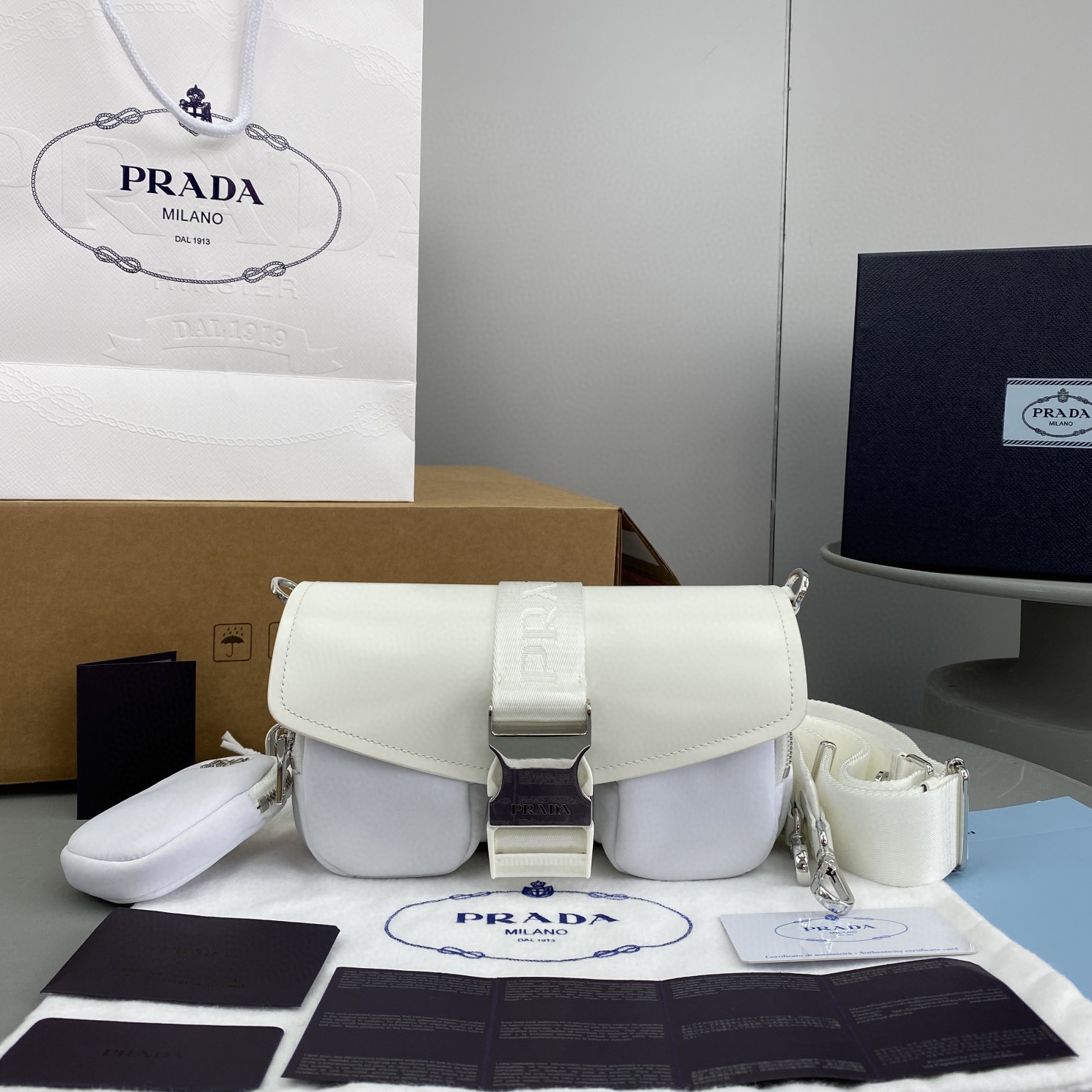 Prada Pocket Nylon And Brushed Bag White For Women, Women's Bags 9in/23cm 1BD295_789_F0009_V_BFO