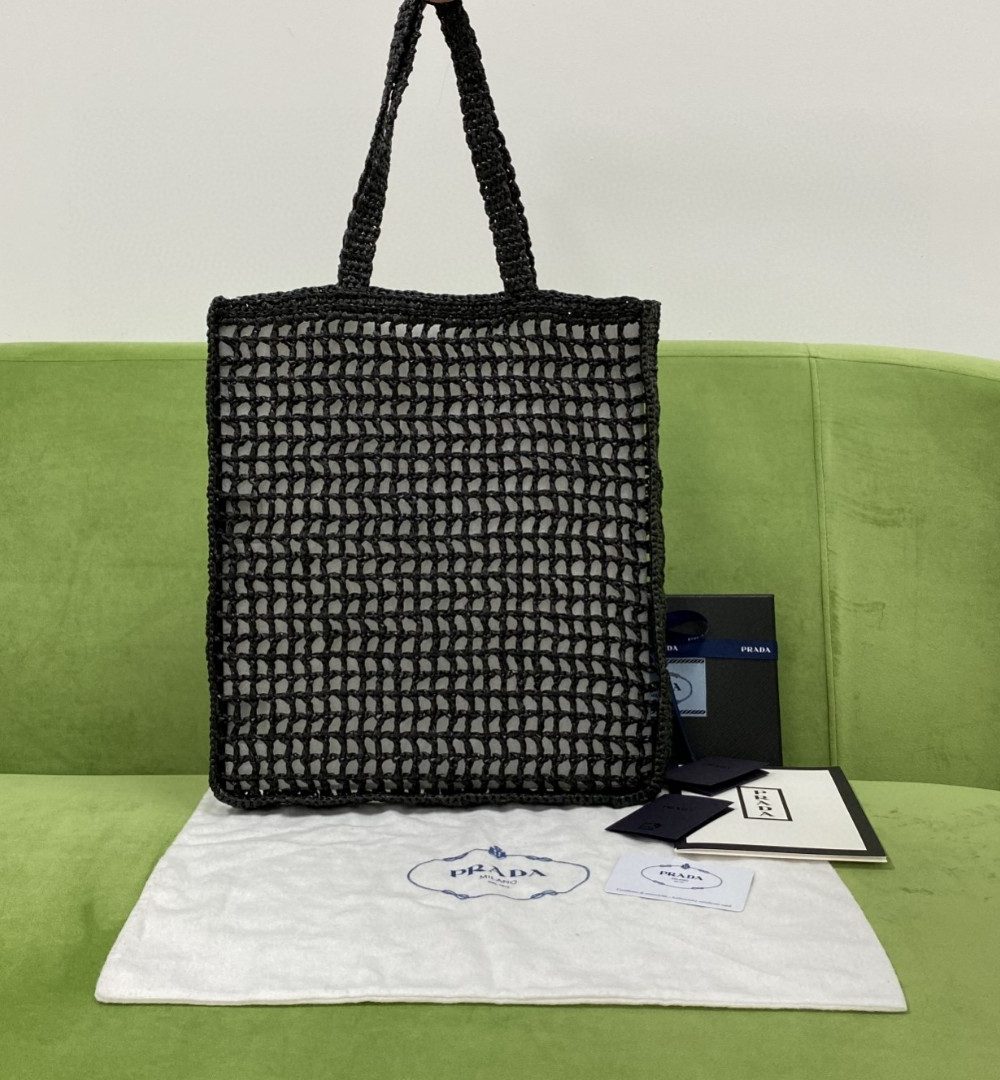 Prada Raffia Tote Bag Black For Women, Women's Bags 14.9in/38cm 1BG393_2A2T_F0002_V_OOO