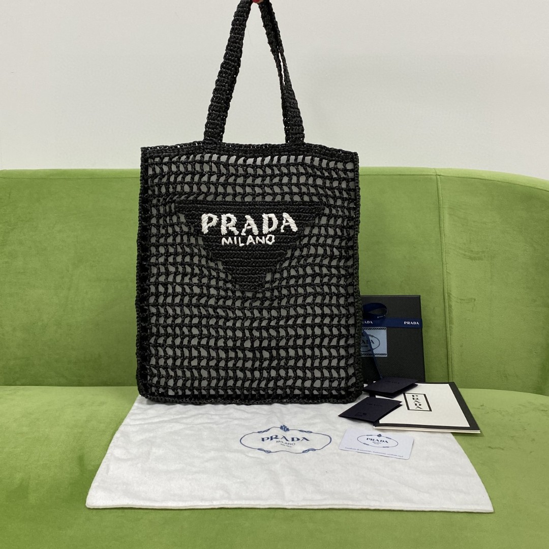 Prada Raffia Tote Bag Black For Women, Women's Bags 14.9in/38cm 1BG393_2A2T_F0002_V_OOO