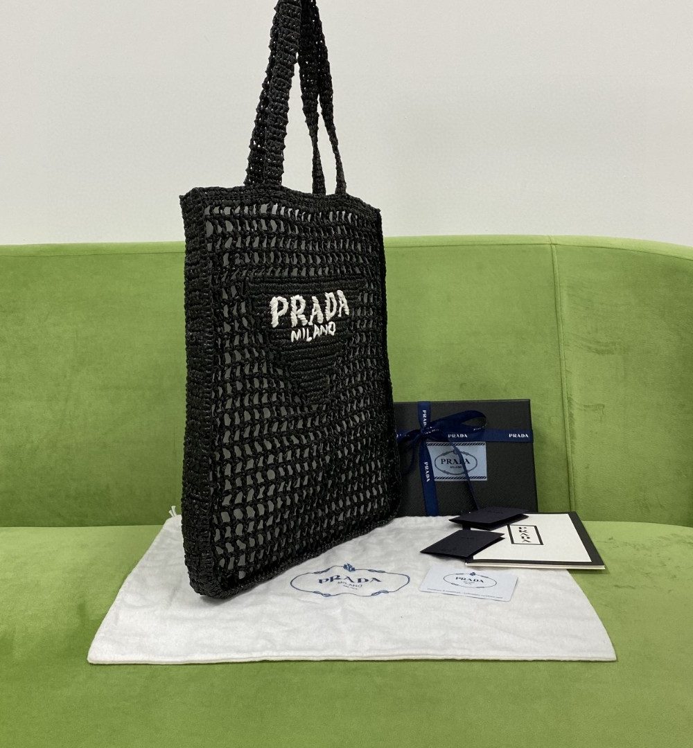 Prada Raffia Tote Bag Black For Women, Women's Bags 14.9in/38cm 1BG393_2A2T_F0002_V_OOO