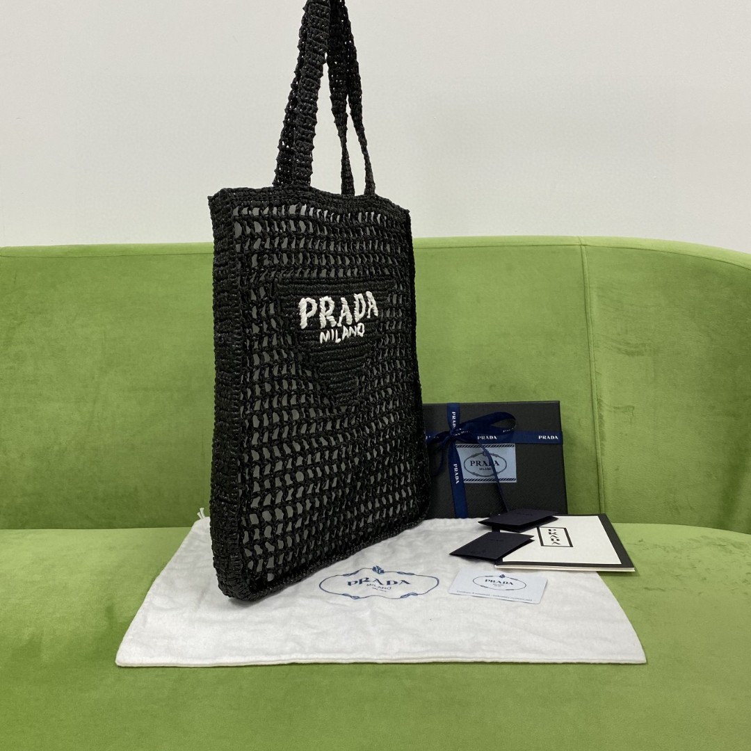 Prada Raffia Tote Bag Black For Women, Women's Bags 14.9in/38cm 1BG393_2A2T_F0002_V_OOO - Image 3