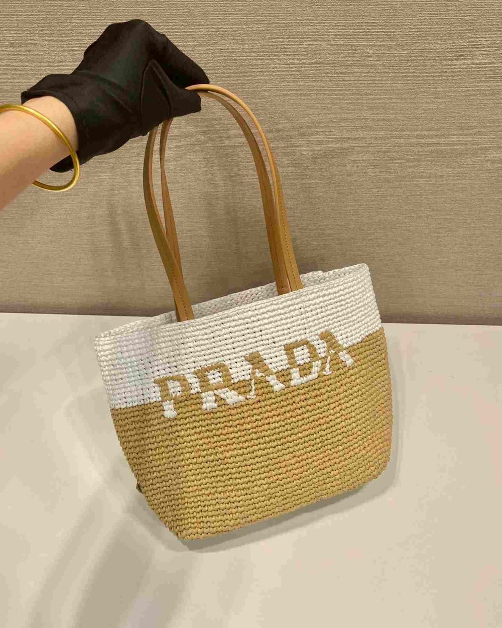 Prada Raffia Tote Bag White And Beige For Women 9.1in/23cm