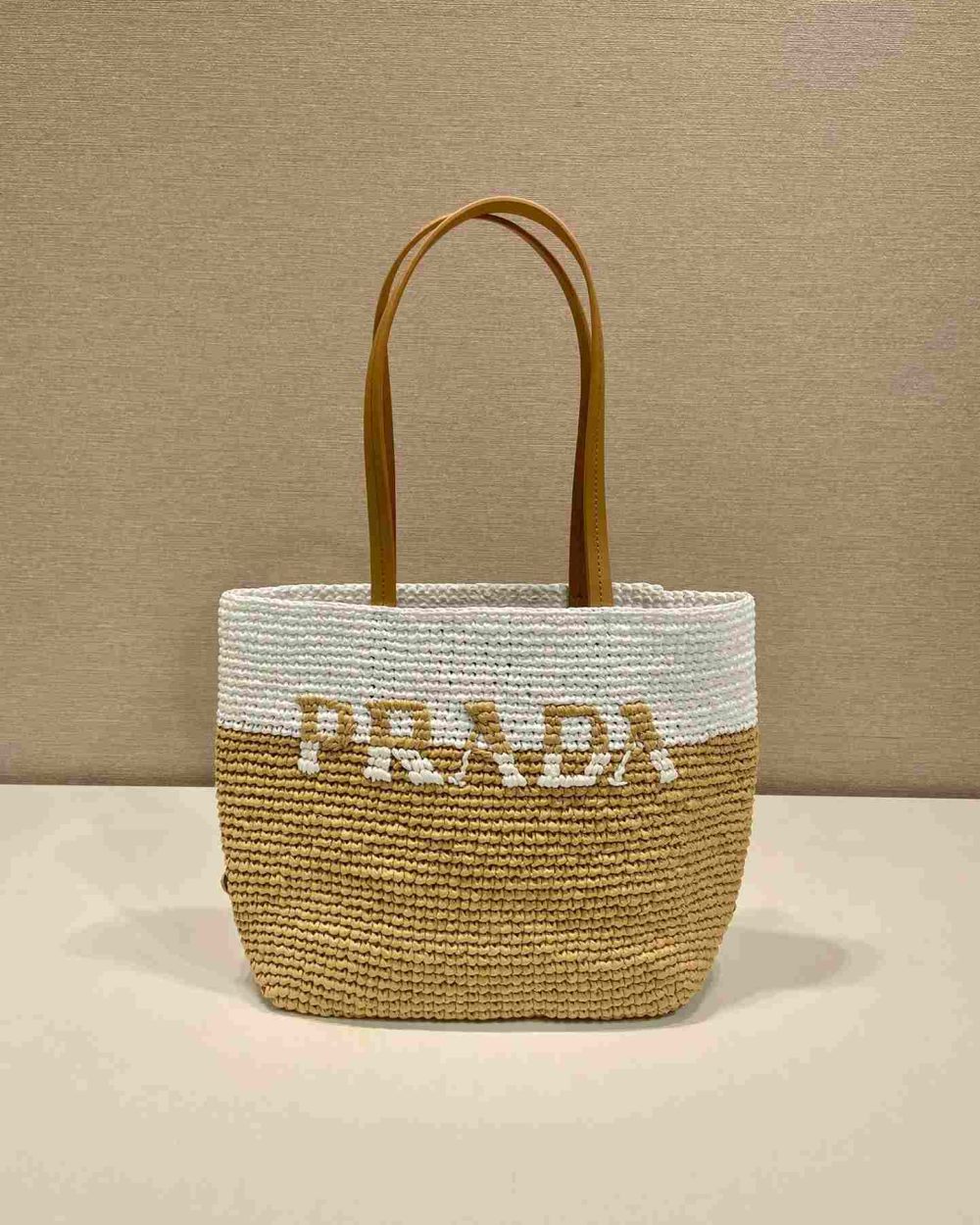 Prada Raffia Tote Bag White And Beige For Women 9.1in/23cm