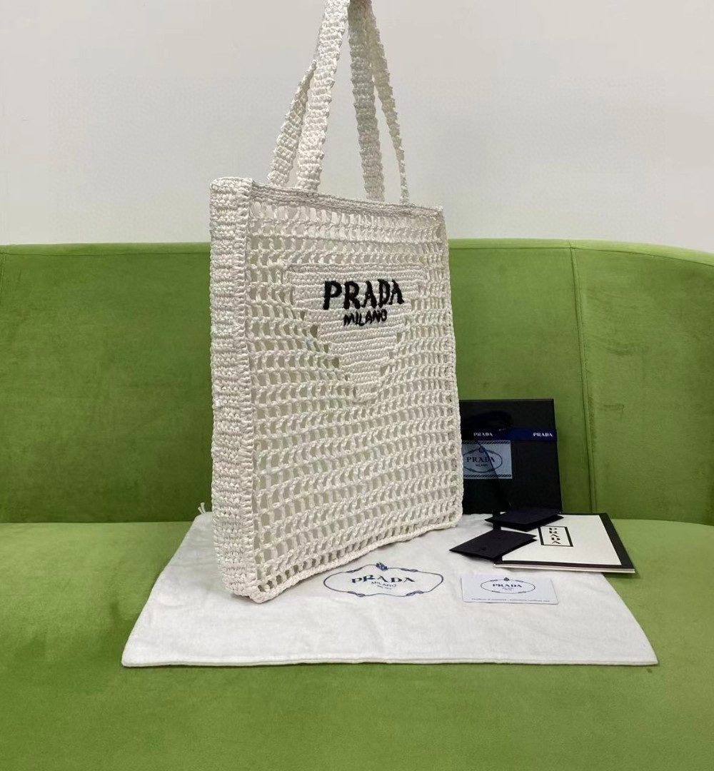 Prada Raffia Tote Bag White For Women, Women's Bags 14.9in/38cm 1BG393_2A2T_F0009_V_OOO