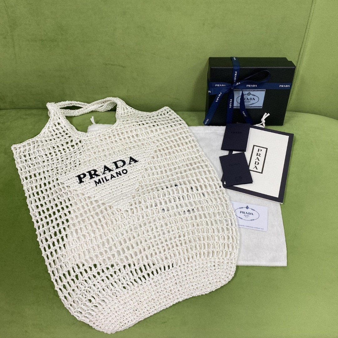 Prada Raffia Tote Bag White For Women, Women's Bags 20in/51cm 1BG424_2A2T_F0009_V_OOO
