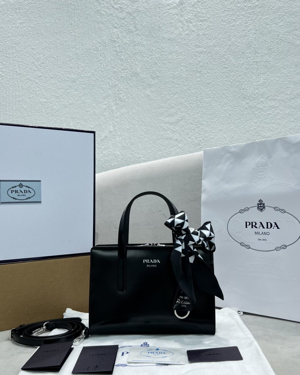 Prada Re-Edition 1995 Brushed Mini Handbag Black For Women, Women's Bags 8.6in/22cm