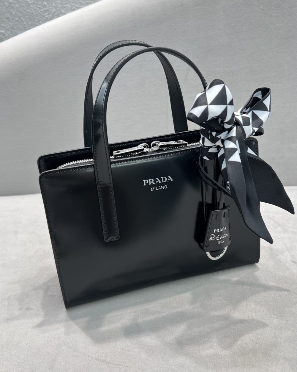 Prada Re-Edition 1995 Brushed Mini Handbag Black For Women, Women's Bags 8.6in/22cm