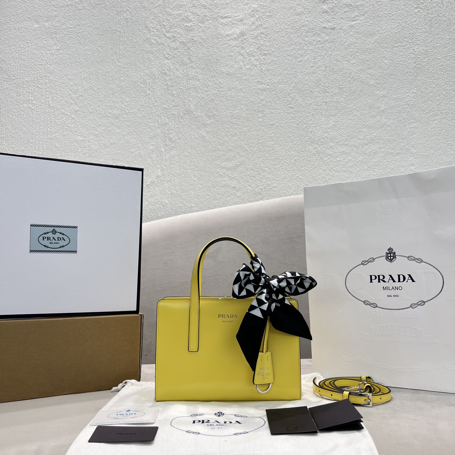 Prada Re-Edition 1995 Brushed Mini Handbag Yellow For Women, Women's Bags 8.6in/22cm