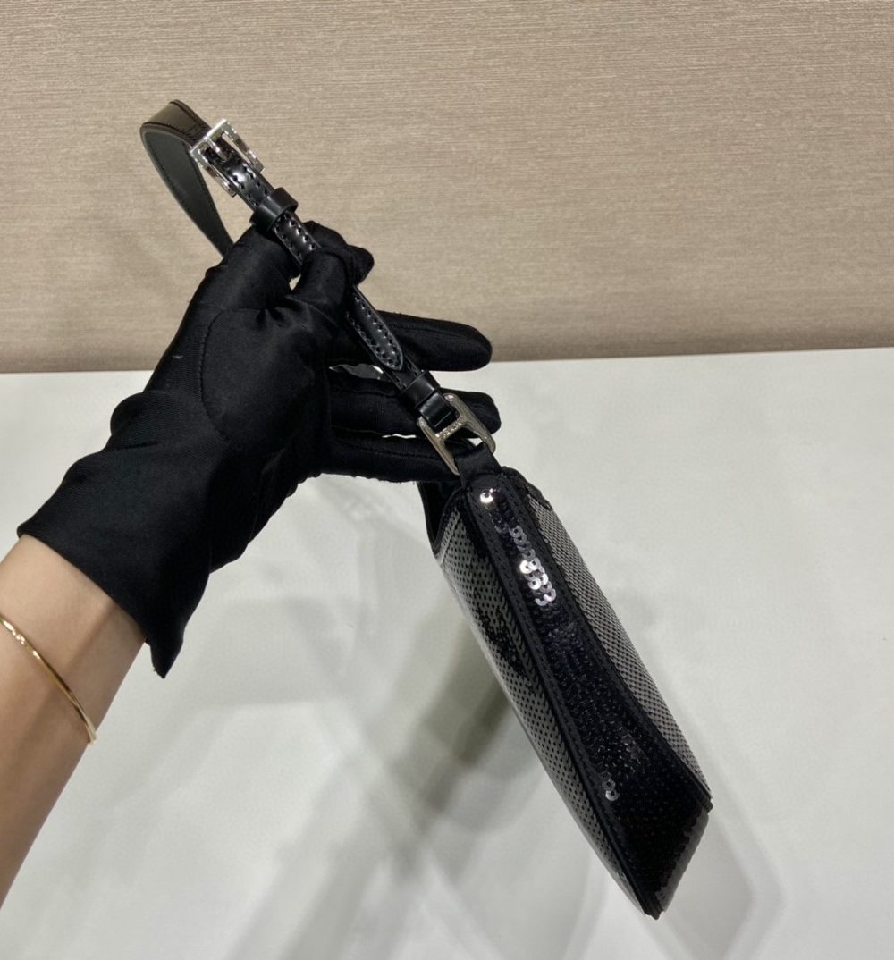 Prada Re-Edition 2000 Sequined Re-Nylon Mini-Bag Black For Women, Women's Bags 8.6in/22cm 1NE515_2D0Y_F0967