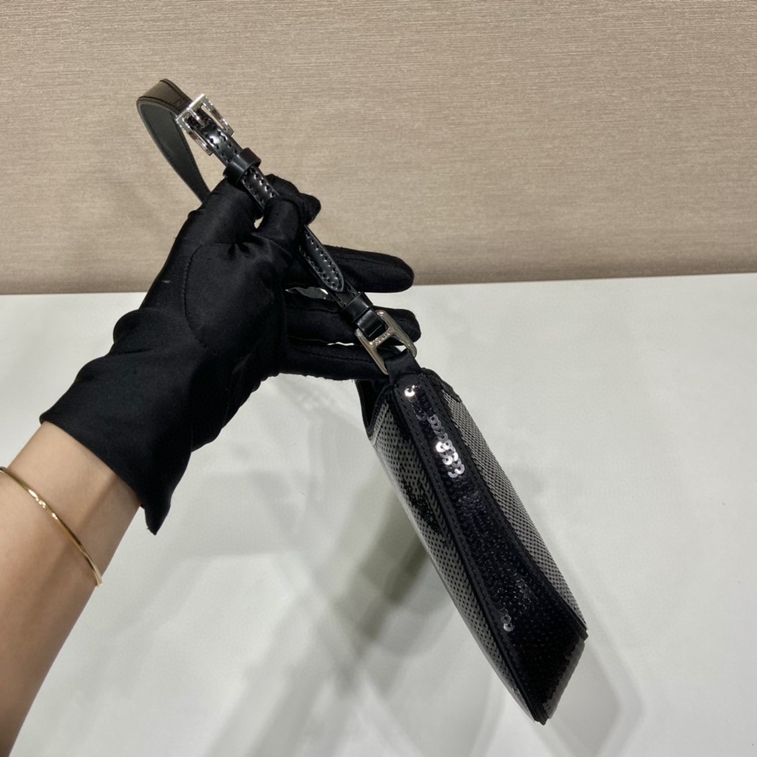 Prada Re-Edition 2000 Sequined Re-Nylon Mini-Bag Black For Women, Women's Bags 8.6in/22cm 1NE515_2D0Y_F0967 - Image 8