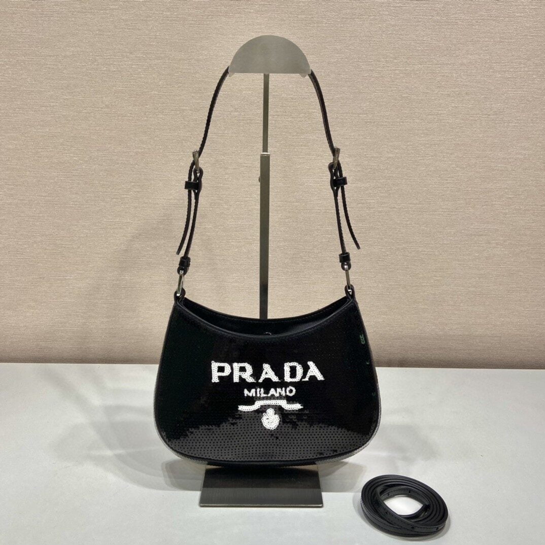 Prada Re-Edition 2000 Sequined Re-Nylon Mini-Bag Black For Women, Women's Bags 8.6in/22cm 1NE515_2D0Y_F0967