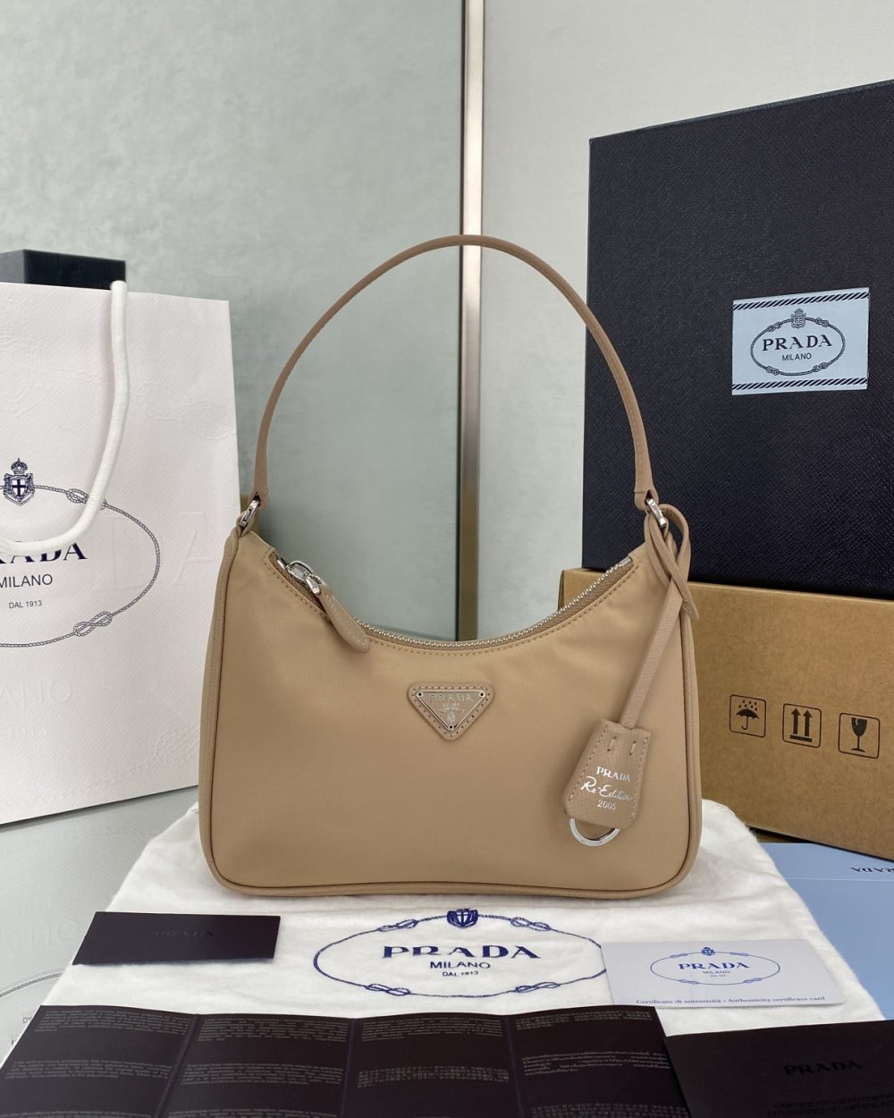 Prada Re-Edition 2005 Re-Nylon Mini Bag Beige For Women, Women's Bags 8.6in/22cm