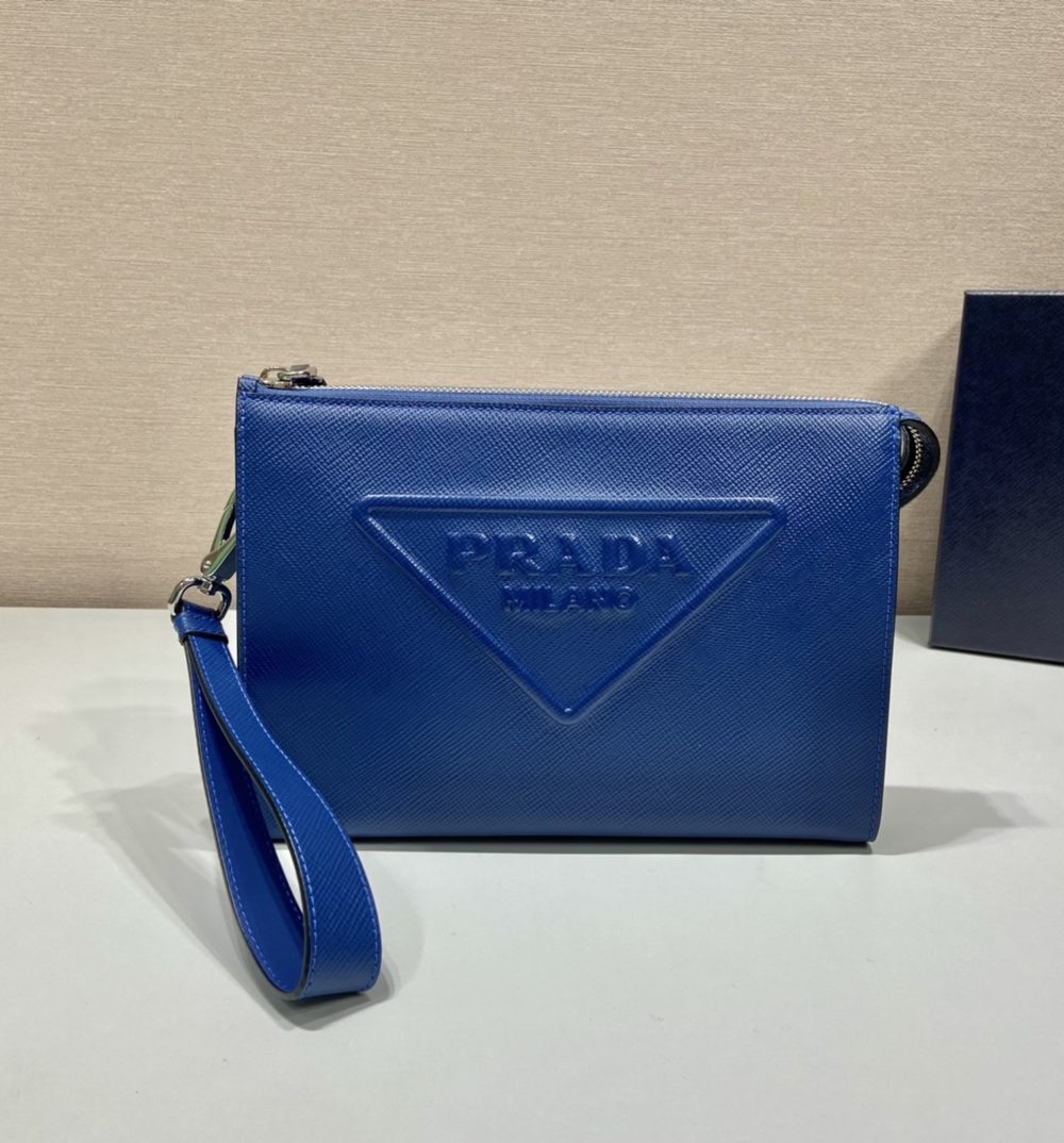 Prada Saffiano Pouch Blue For Women, Women's Bags 9.8in/25cm 2VF039_2FAD_F0016_V_OOO
