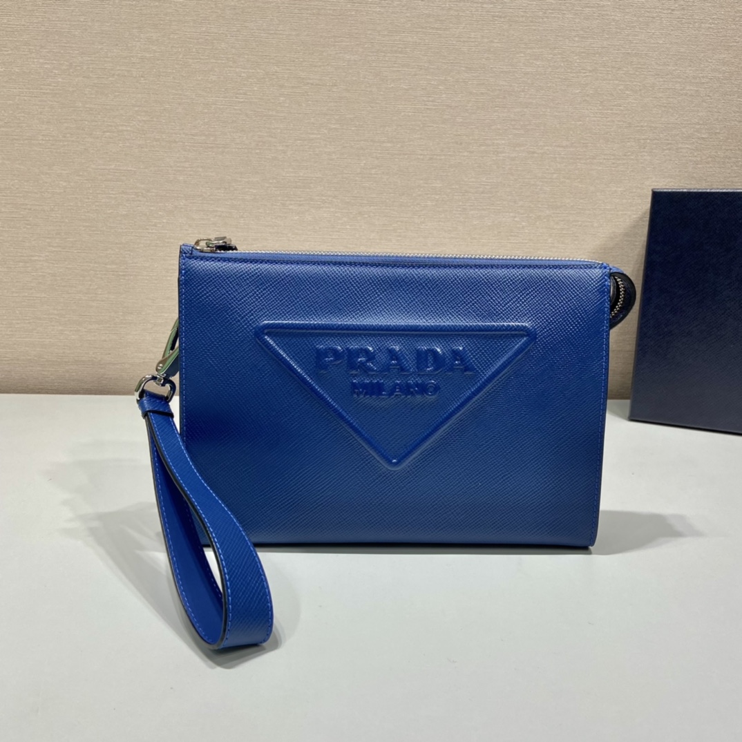 Prada Saffiano Pouch Blue For Women, Women's Bags 9.8in/25cm 2VF039_2FAD_F0016_V_OOO