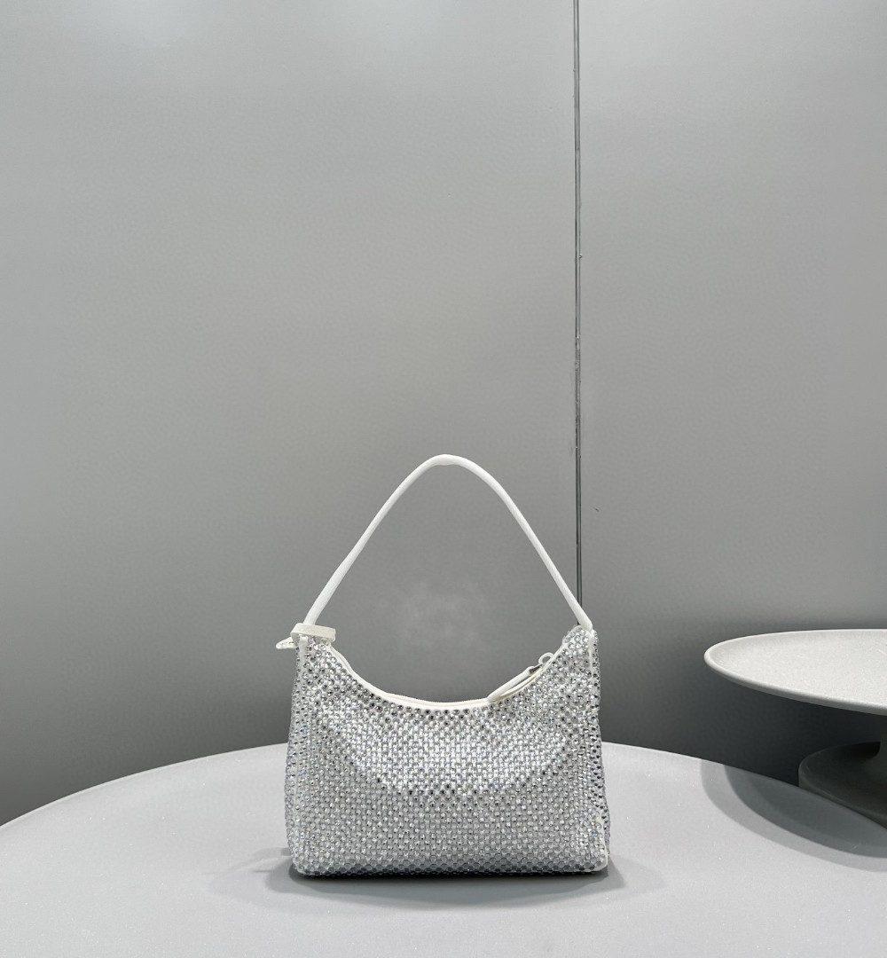 Prada Satin Mini-Bag With Crystals White For Women, Women's Bags 8.6in/22cm 1BC515_2AWL_F0009_V_OOO