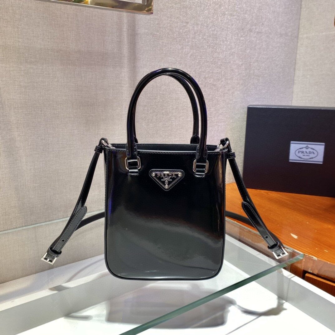 Prada Small Brushed Tote Black For Women, Women's Bags 6.9in/18cm 1BA331_ZO6_F0002_V_OOO