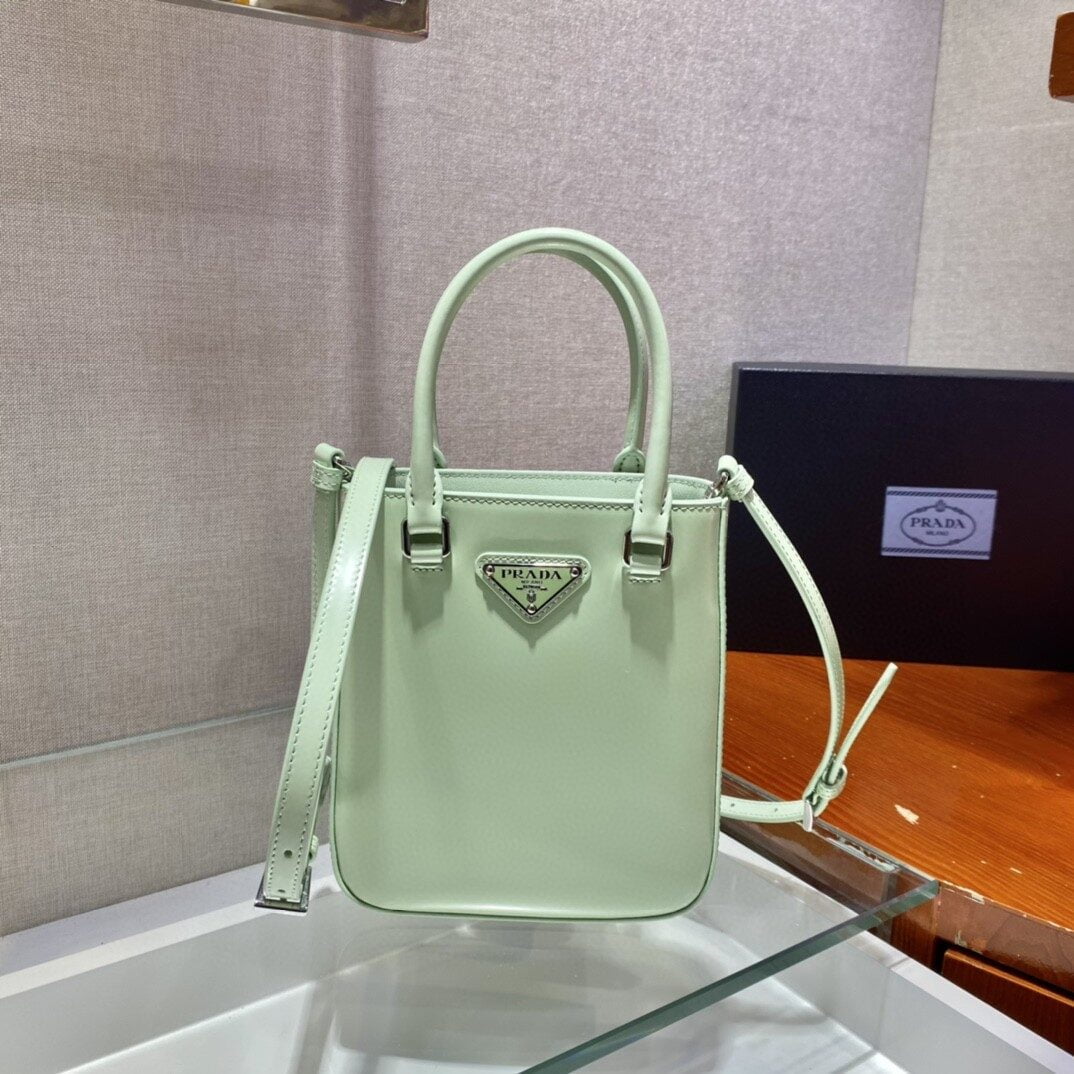 Prada Small Brushed Tote Green For Women, Women's Bags 6.9in/18cm