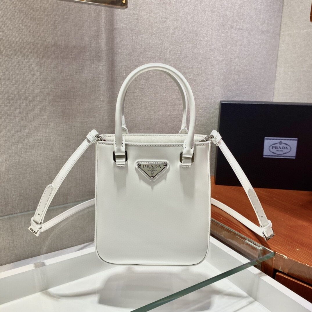 Prada Small Brushed Tote White For Women, Women's Bags 6.9in/18cm 1BA331_ZO6_F0009_V_OOO