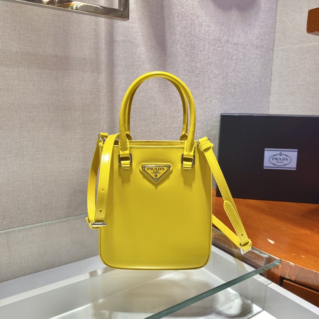 Prada Small Brushed Tote Yellow For Women, Women's Bags 6.9in/18cm 1BA331_ZO6_F0ZNZ_V_OOO