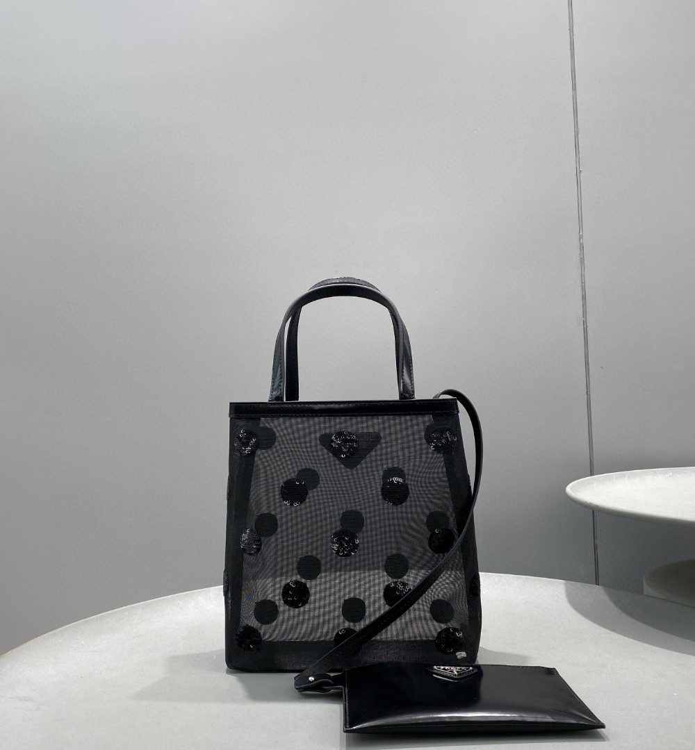 Prada Small Polka-Dot Mesh Tote Bag Black For Women, Women's Bags 8.6in/22cm 1BG417_2DZ9_F0002_V_OOO