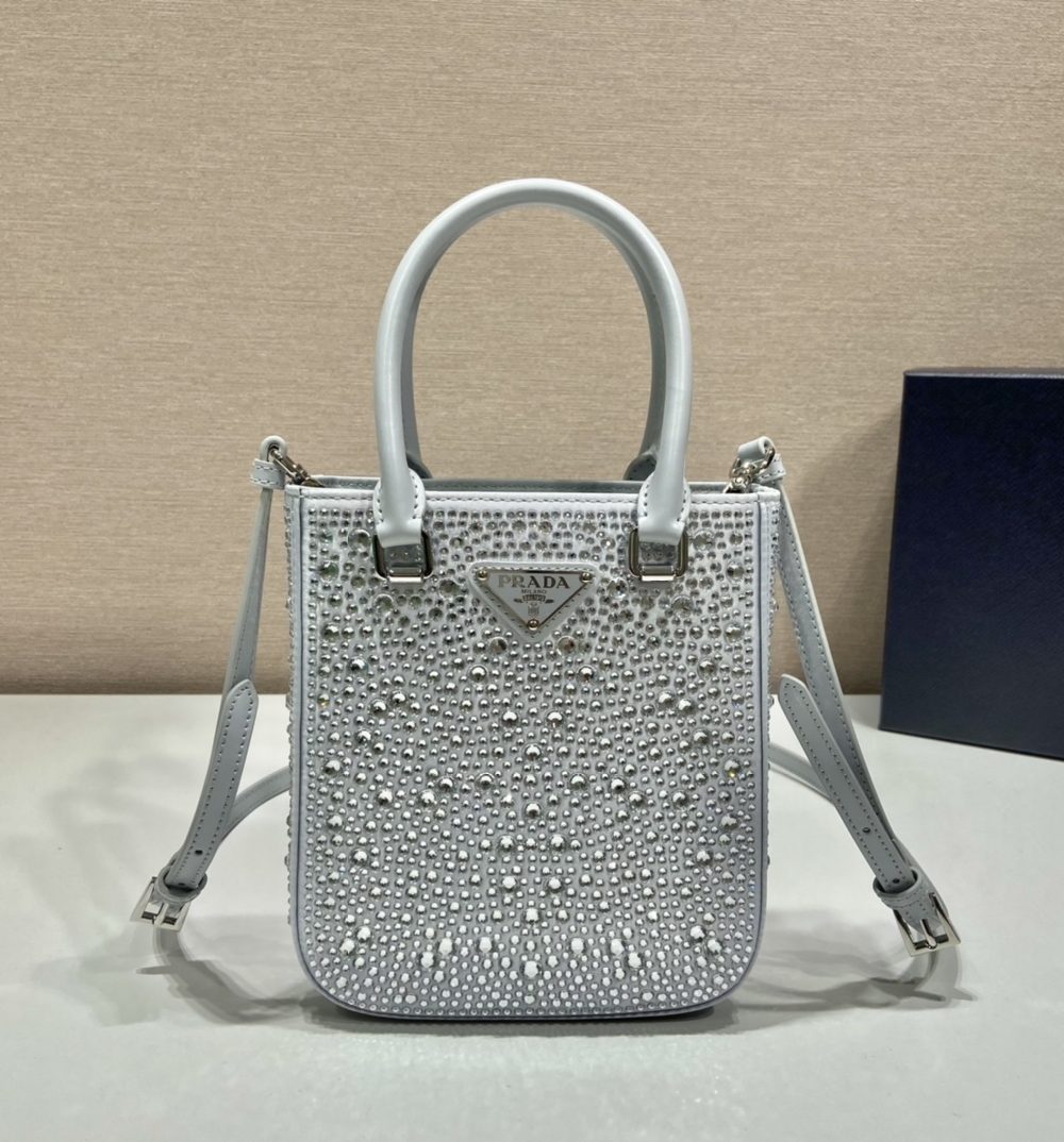 Prada Small Satin Tote Bag With Crystals Silver For Women, Women's Bags 6.9in/18cm 1BA331_2AWL_F0934_V_OOO