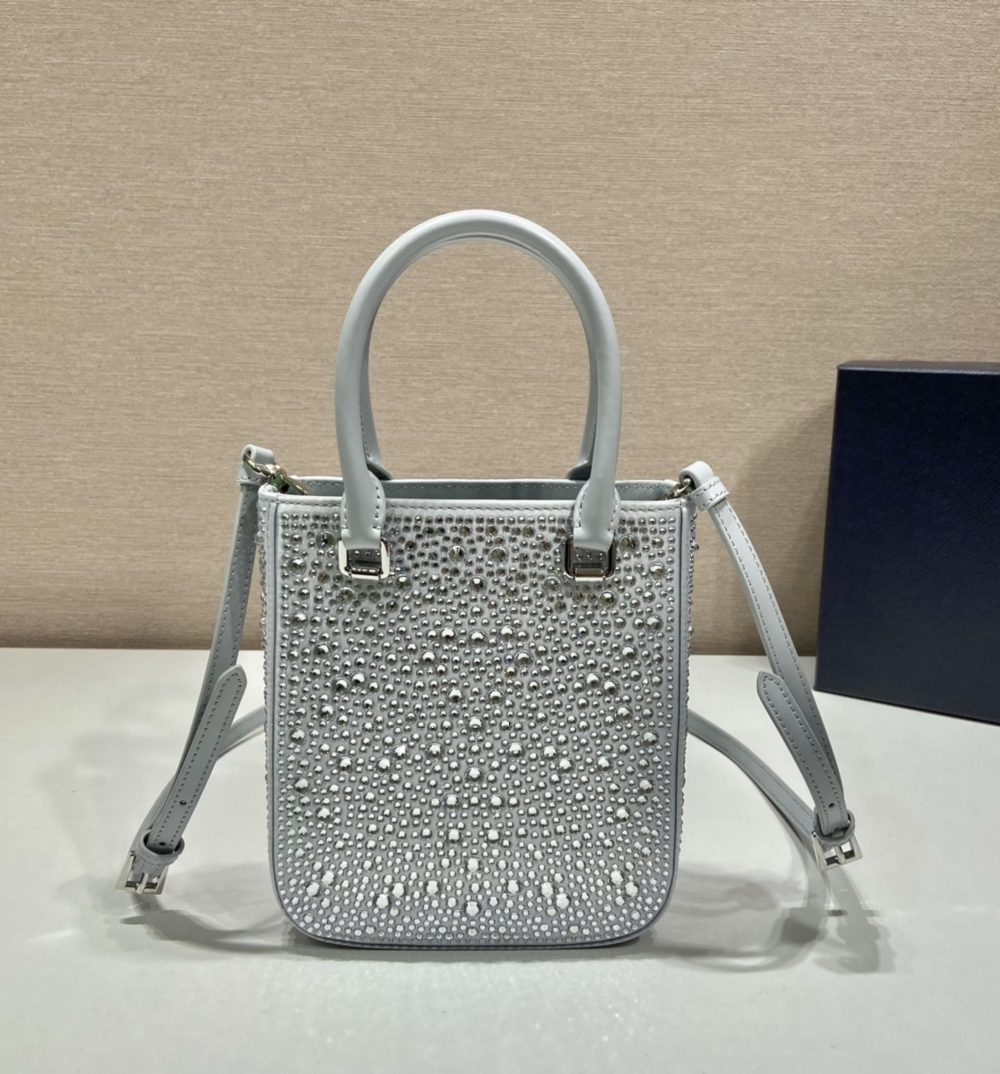 Prada Small Satin Tote Bag With Crystals Silver For Women, Women's Bags 6.9in/18cm 1BA331_2AWL_F0934_V_OOO