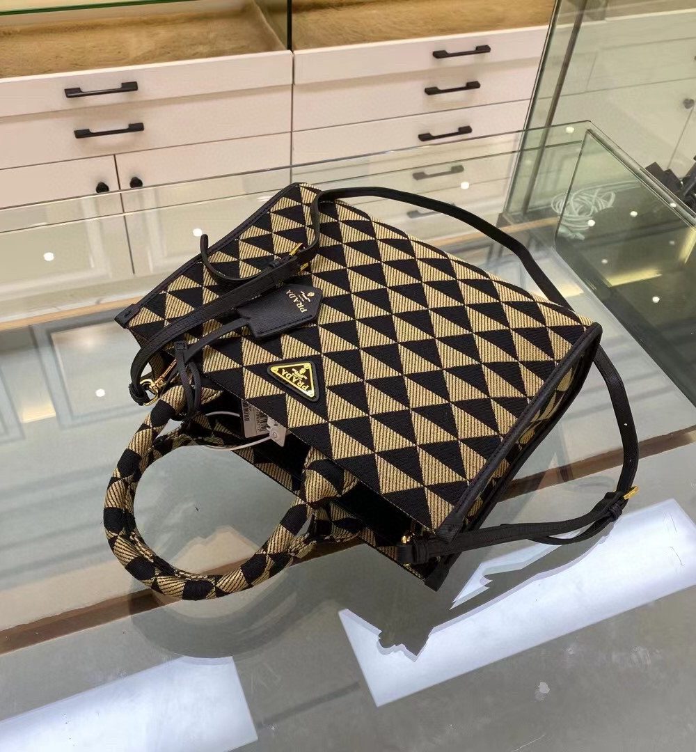 Prada Small Symbole Jacquard Fabric Handbag Black/Beige For Women, Women's Bags 11in/28cm 1BA354_2FKL_F0Y30_V_OOO