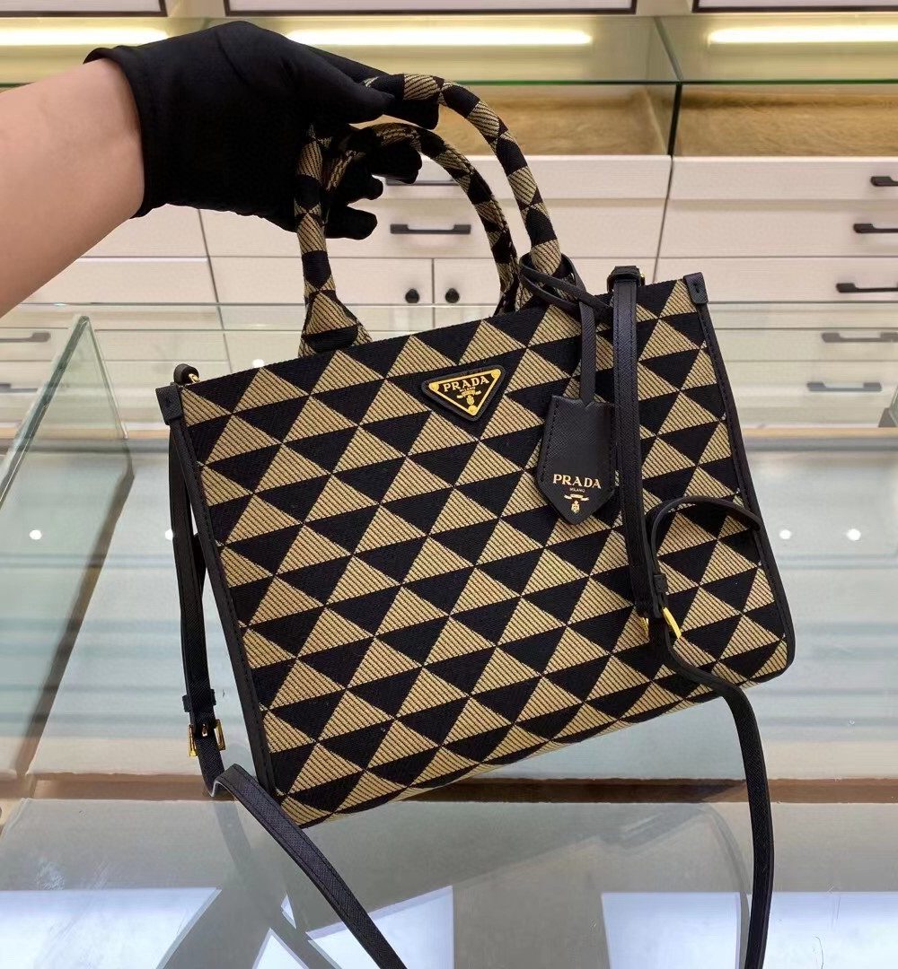 Prada Small Symbole Jacquard Fabric Handbag Black/Beige For Women, Women's Bags 11in/28cm 1BA354_2FKL_F0Y30_V_OOO