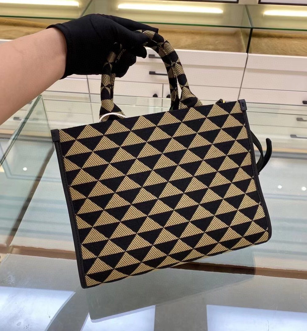 Prada Small Symbole Jacquard Fabric Handbag Black/Beige For Women, Women's Bags 11in/28cm 1BA354_2FKL_F0Y30_V_OOO