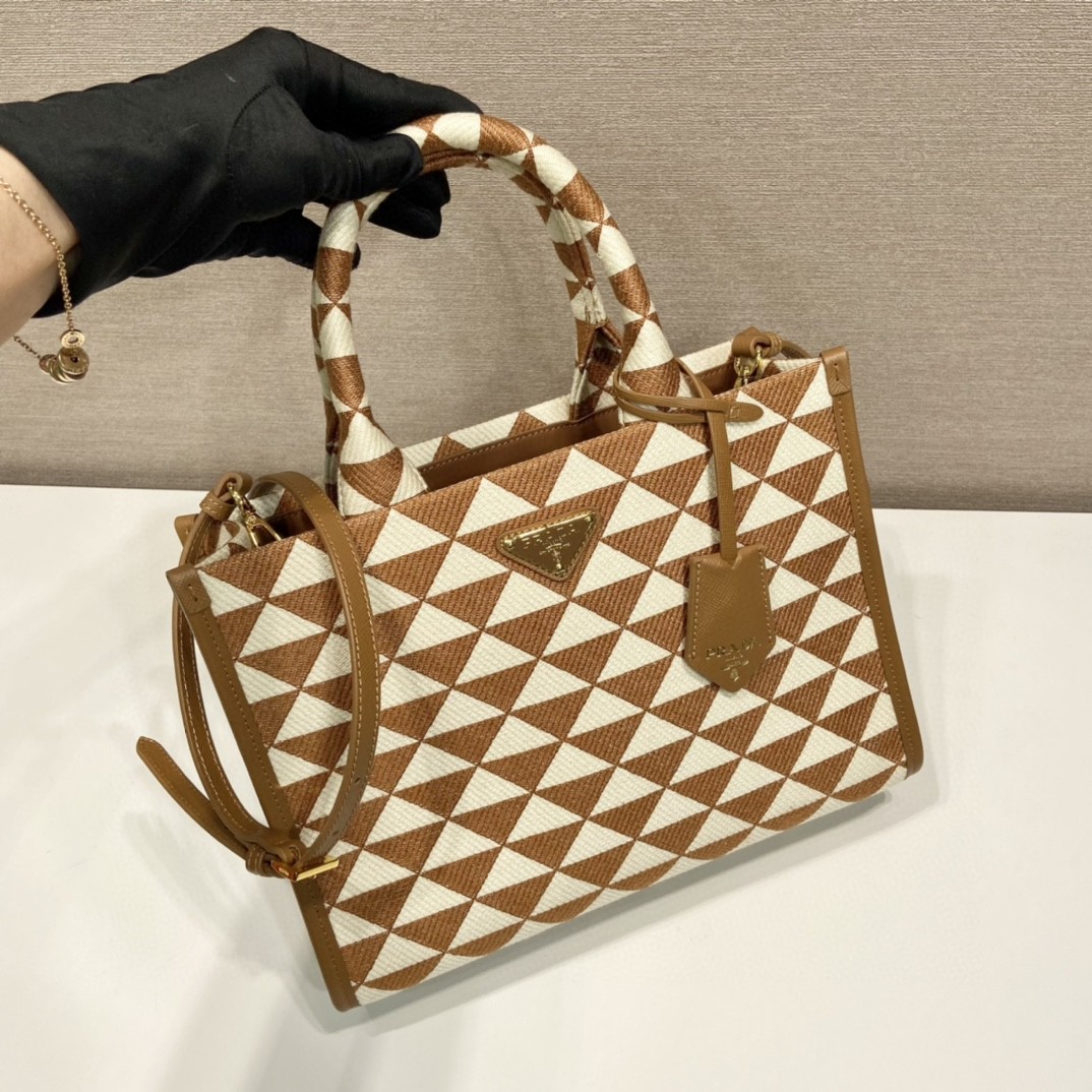 Prada Small Symbole Jacquard Fabric Handbag Brown/White For Women, Women's Bags 11in/28cm 1BA354_2FKL_F0I0U_V_OOO - Image 9