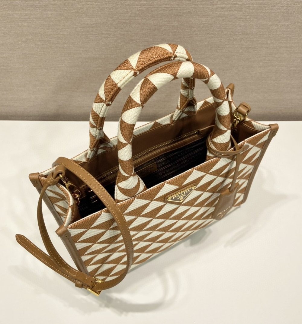 Prada Small Symbole Jacquard Fabric Handbag Brown/White For Women, Women's Bags 11in/28cm 1BA354_2FKL_F0I0U_V_OOO