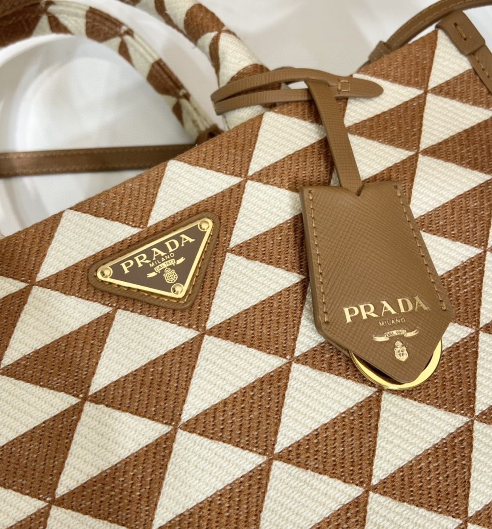 Prada Small Symbole Jacquard Fabric Handbag Brown/White For Women, Women's Bags 11in/28cm 1BA354_2FKL_F0I0U_V_OOO