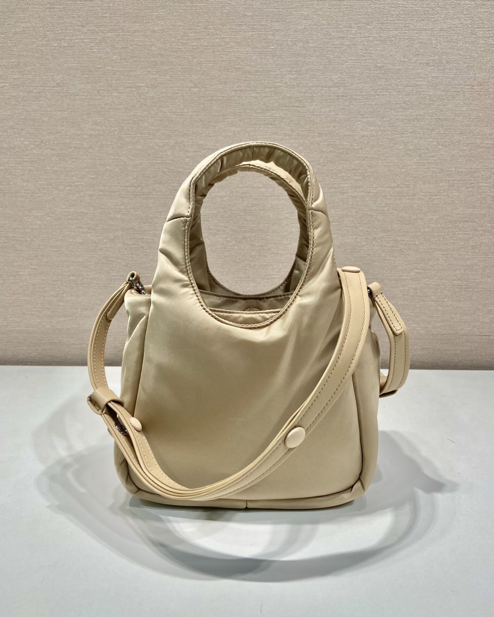 Prada Soft Padded Re-Nylon Mini-Bag White/Pink/Beige For Women 7.1in/18cm 1BA359_RCCJ_F0009_V_OVM