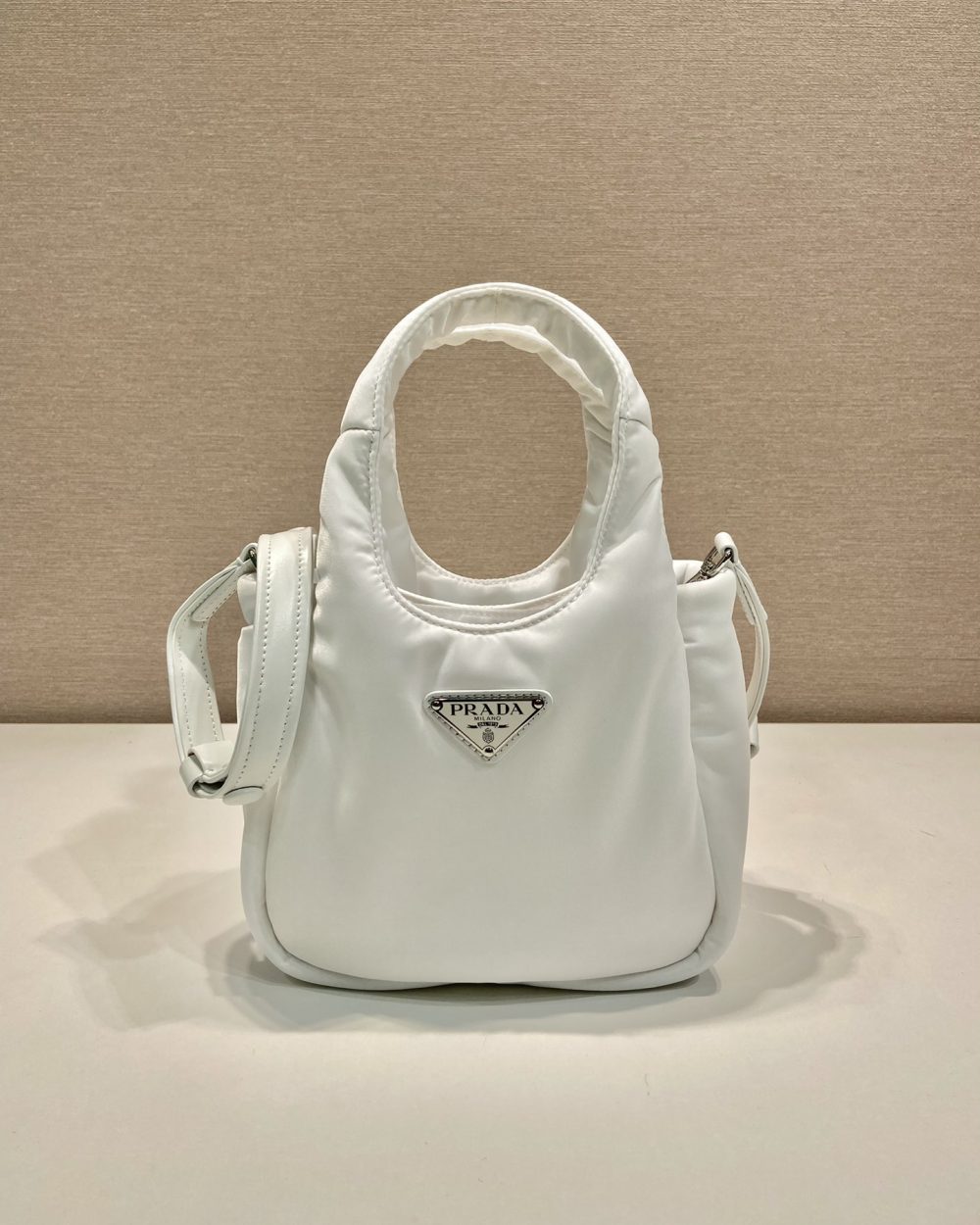 Prada Soft Padded Re-Nylon Mini-Bag White/Pink/Beige For Women 7.1in/18cm 1BA359_RCCJ_F0009_V_OVM
