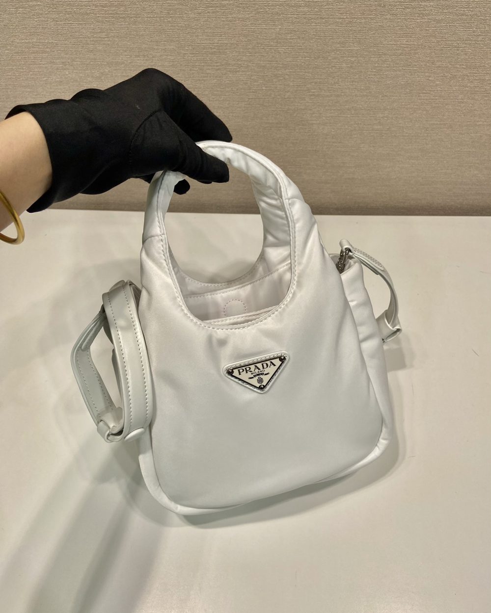 Prada Soft Padded Re-Nylon Mini-Bag White/Pink/Beige For Women 7.1in/18cm 1BA359_RCCJ_F0009_V_OVM