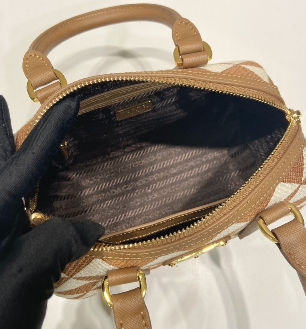 Prada Symbole Embroidered Jacquard Fabric Top-Handle Bag Brown/White For Women, Women's Bags 7.9in/20cm 1BB846_2FKL_F0I0U_V_XOO