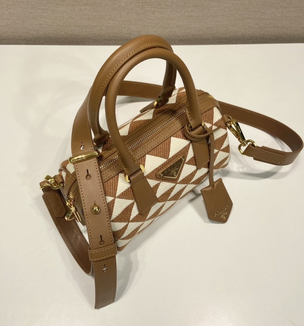 Prada Symbole Embroidered Jacquard Fabric Top-Handle Bag Brown/White For Women, Women's Bags 7.9in/20cm 1BB846_2FKL_F0I0U_V_XOO