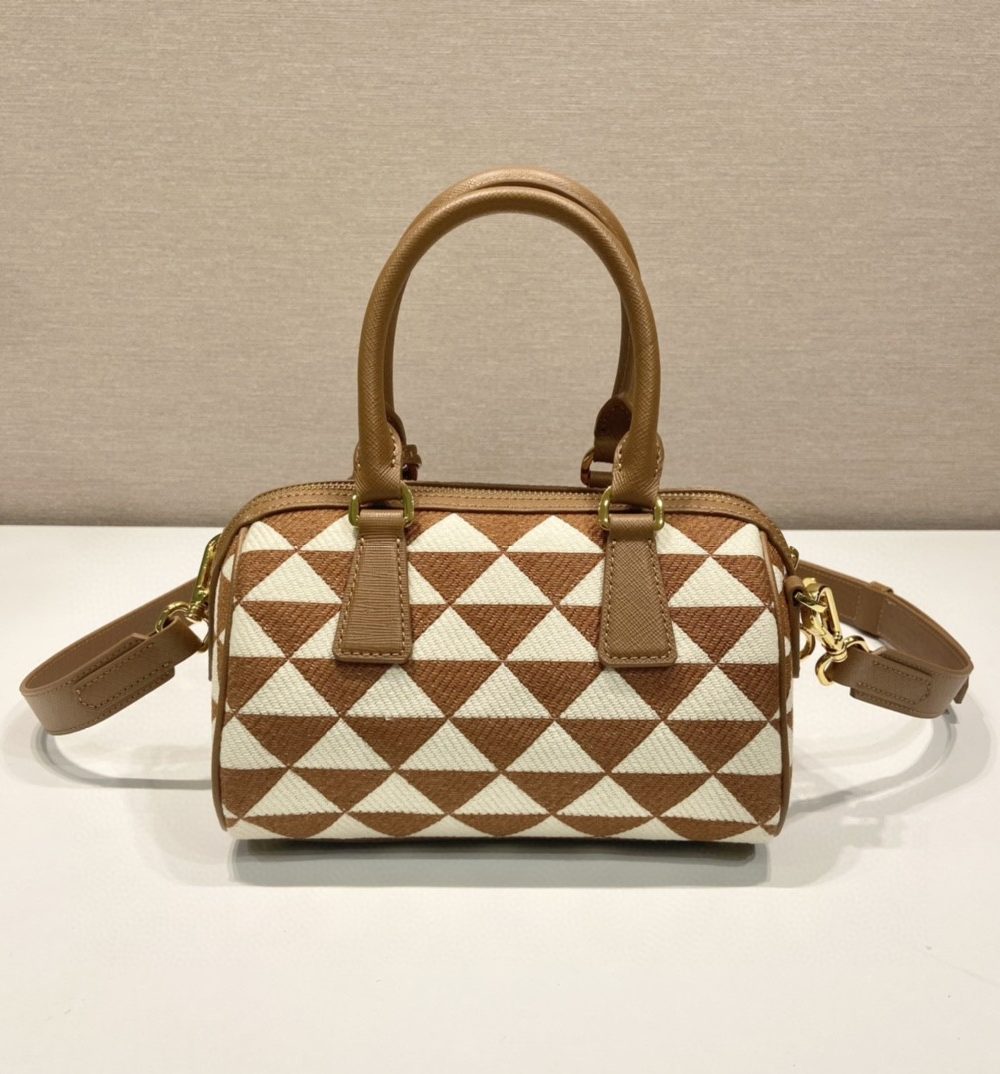 Prada Symbole Embroidered Jacquard Fabric Top-Handle Bag Brown/White For Women, Women's Bags 7.9in/20cm 1BB846_2FKL_F0I0U_V_XOO