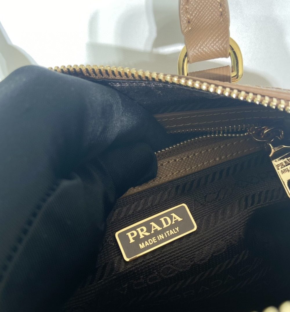 Prada Symbole Embroidered Jacquard Fabric Top-Handle Bag Brown/White For Women, Women's Bags 7.9in/20cm 1BB846_2FKL_F0I0U_V_XOO