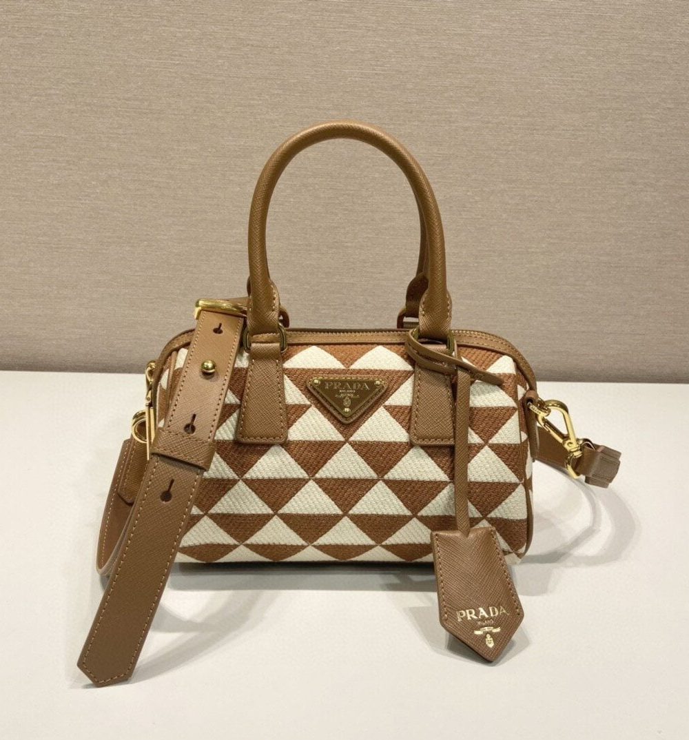 Prada Symbole Embroidered Jacquard Fabric Top-Handle Bag Brown/White For Women, Women's Bags 7.9in/20cm 1BB846_2FKL_F0I0U_V_XOO