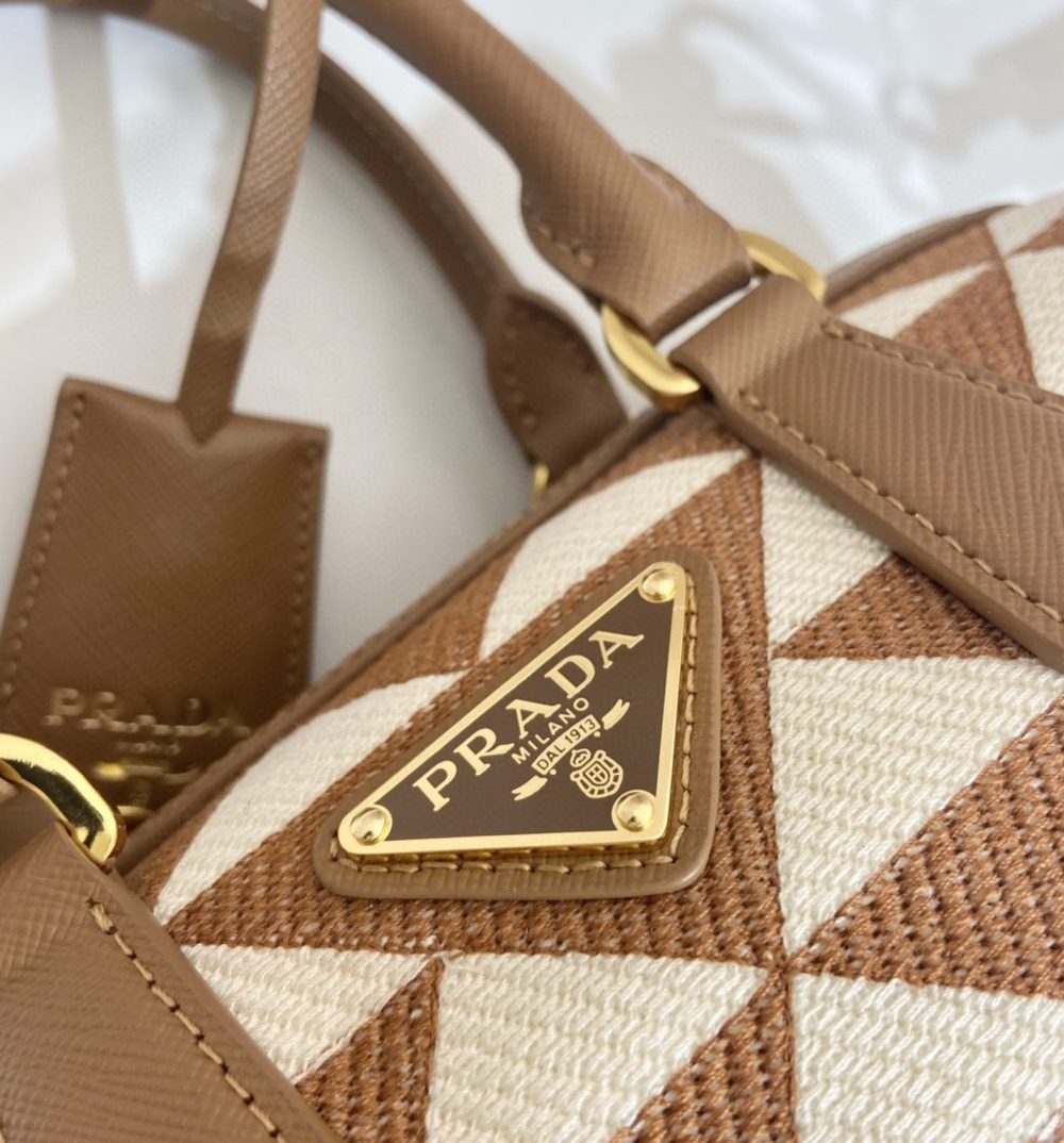 Prada Symbole Embroidered Jacquard Fabric Top-Handle Bag Brown/White For Women, Women's Bags 7.9in/20cm 1BB846_2FKL_F0I0U_V_XOO