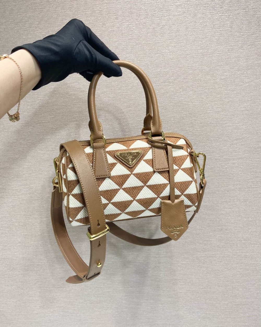 Prada Symbole Embroidered Jacquard Fabric Top-Handle Bag Brown/White For Women, Women's Bags 7.9in/20cm 1BB846_2FKL_F0I0U_V_XOO