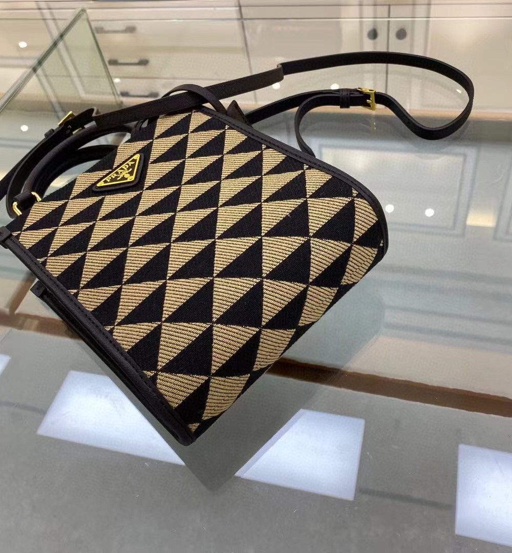 Prada Symbole Jacquard Fabric Micro Bag Black/Beige For Women, Women's Bags 7.5in/19cm 1BA355_2FKL_F0Y30_V_OOO