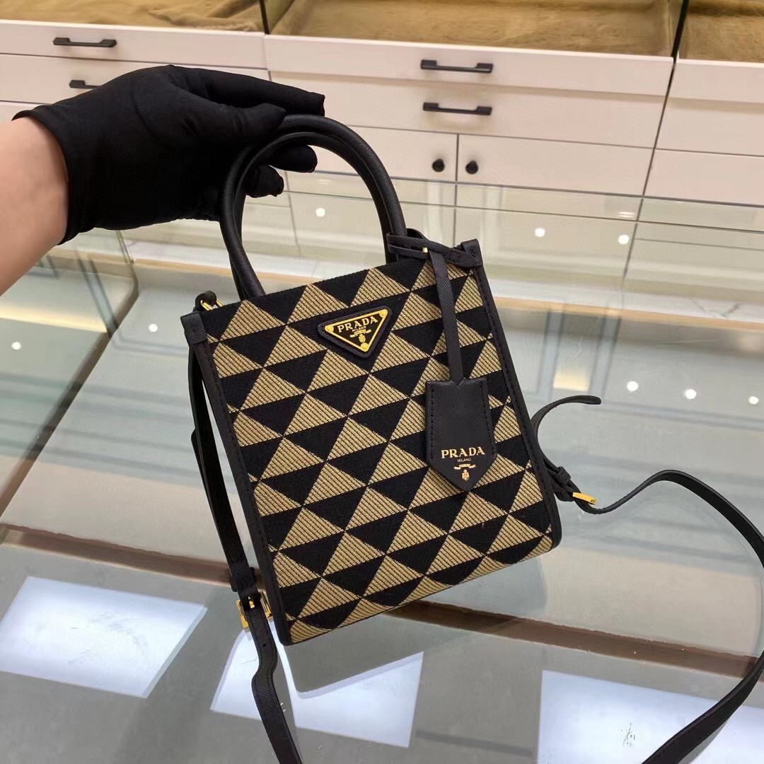 Prada Symbole Jacquard Fabric Micro Bag Black/Beige For Women, Women's Bags 7.5in/19cm 1BA355_2FKL_F0Y30_V_OOO