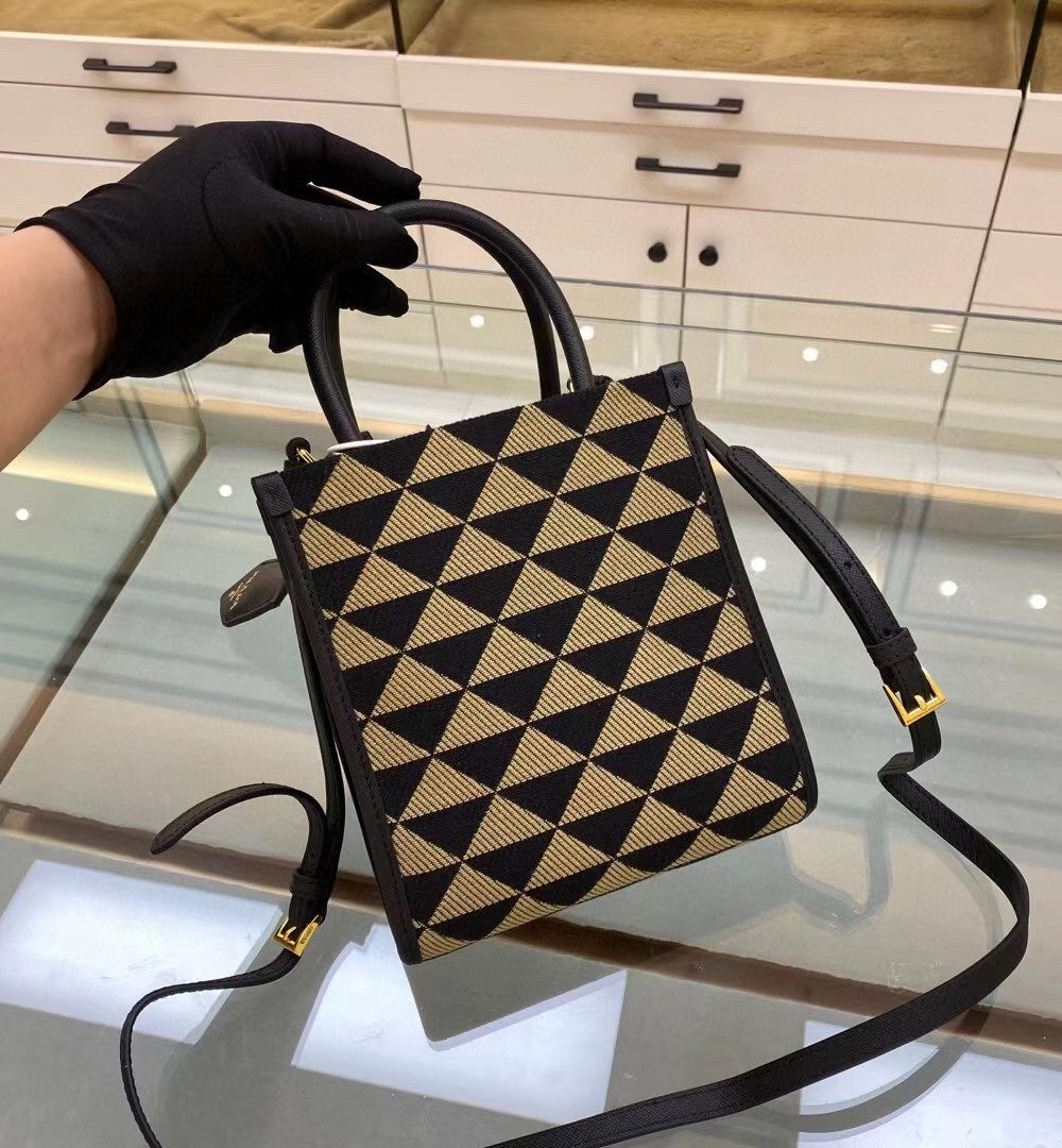 Prada Symbole Jacquard Fabric Micro Bag Black/Beige For Women, Women's Bags 7.5in/19cm 1BA355_2FKL_F0Y30_V_OOO